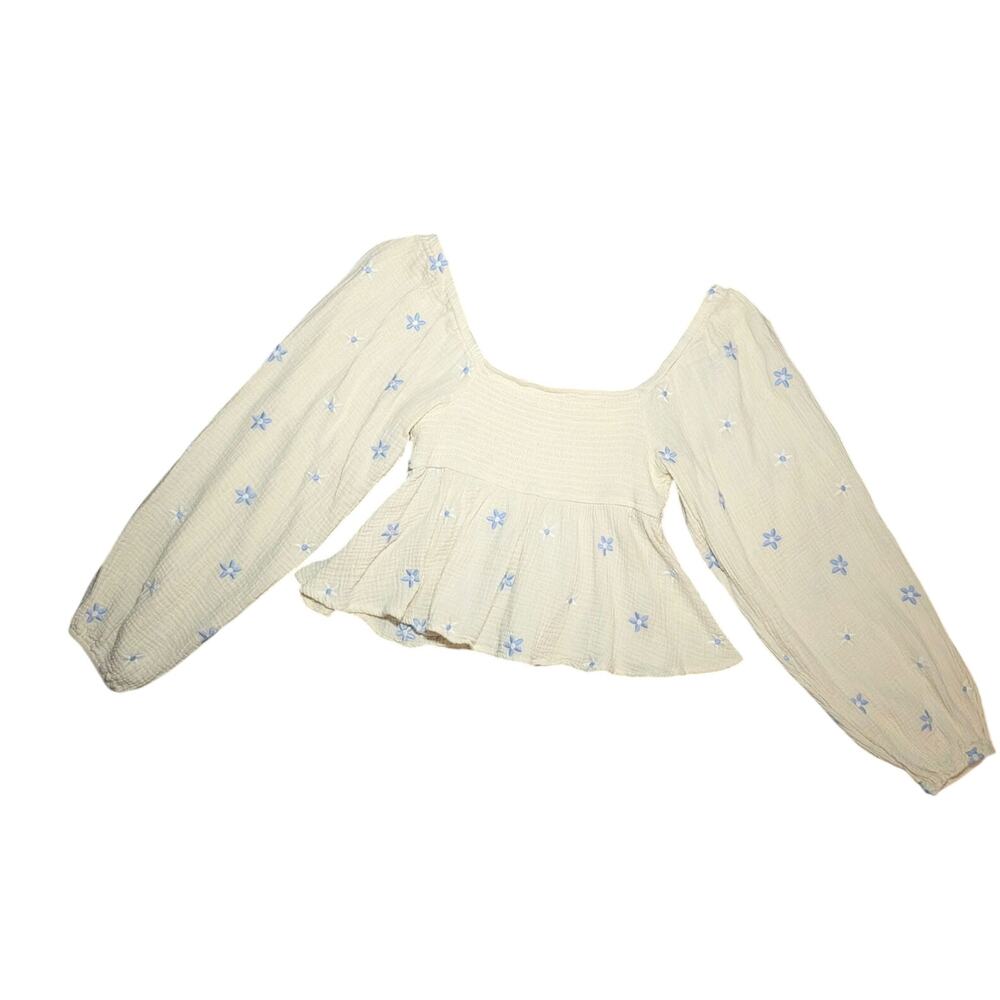 Altar'd State Cream Floral Embroidered Smocked Peplum Top Bell Sleeve Size L